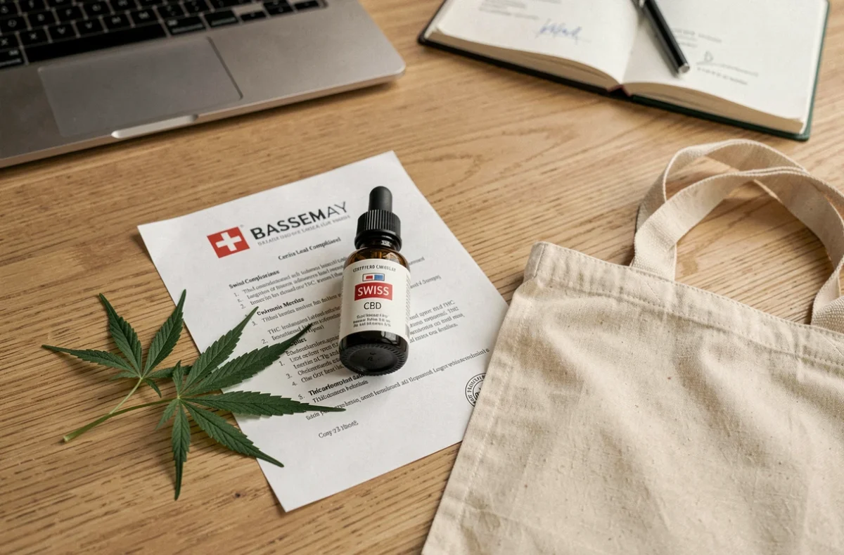 Flacon d'huile CBD suisse certifiée avec document de conformité légale et feuille de chanvre sur bureau en bois