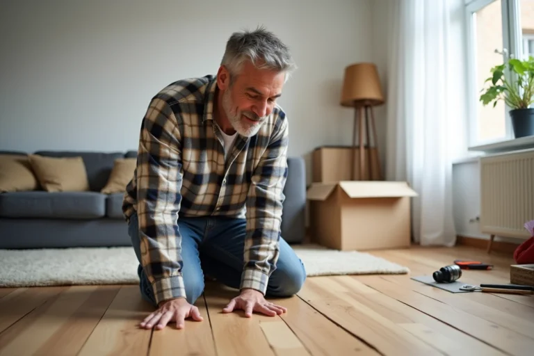 Homme posant du parquet en bois dans un intérieur moderne