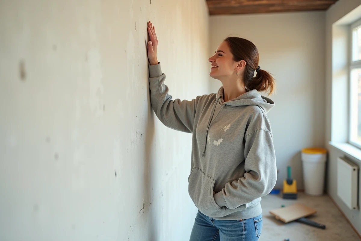 Jeune femme vérifiant la planéité d’un mur intérieur