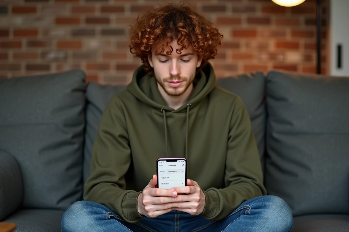 Jeune adulte utilisant un VPN sur smartphone pour débloquer l'accès à la messagerie LaPoste.net depuis son salon