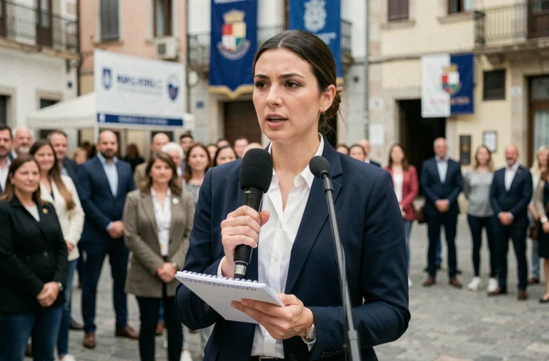 Journaliste femme tenant un microphone lors d'une conférence de presse en plein air dans une place de ville régionale