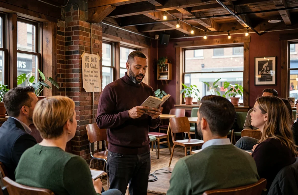 Auteur émergent francophone lisant son œuvre lors d'une soirée littéraire indépendante dans un café culturel