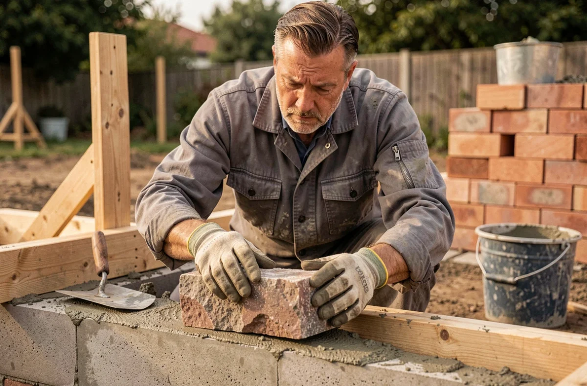 Maçon posant des blocs de pierre sur une fondation en béton lors d'un projet de construction résidentielle avec mortier et outils visibles