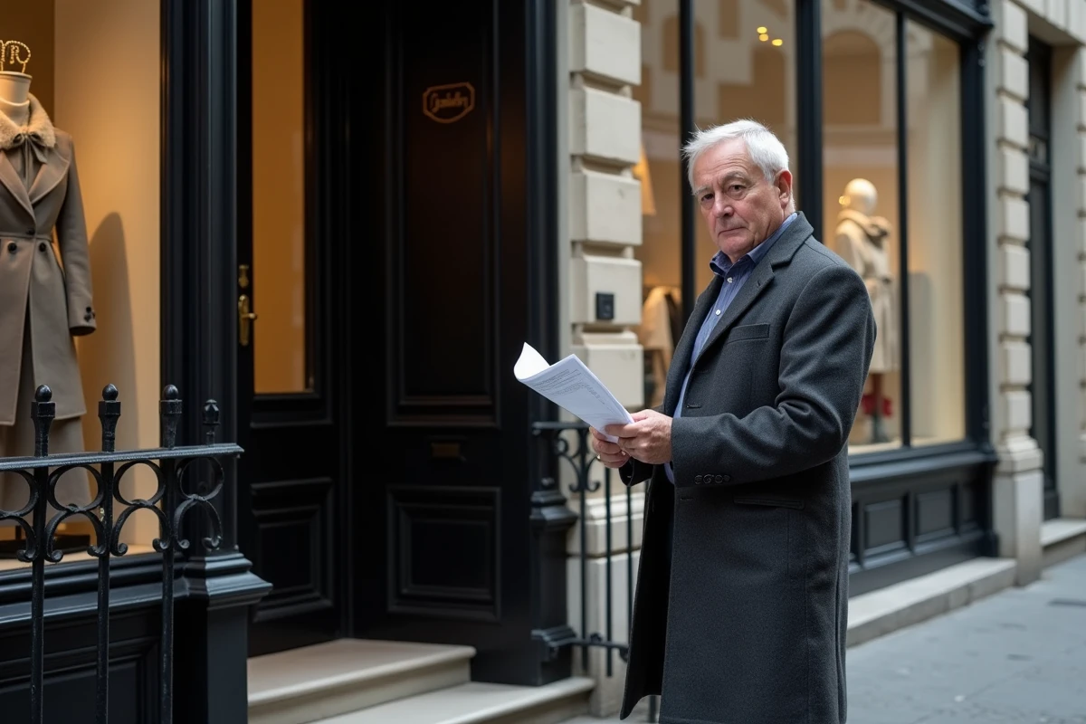 Homme d'affaires devant une maison de couture parisienne sur la Rue Cambon, évoquant la transmission de l'empire Chanel