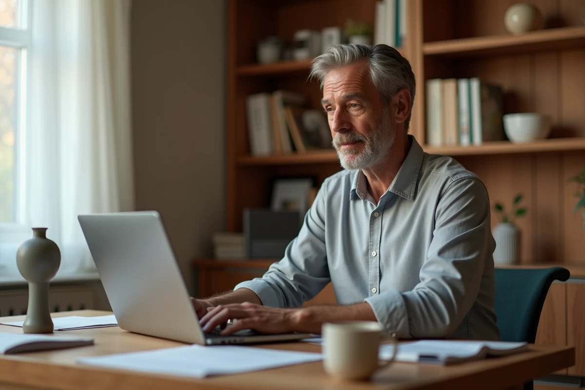 Manager en formation à distance sur une plateforme e-learning dans un bureau à domicile aménagé