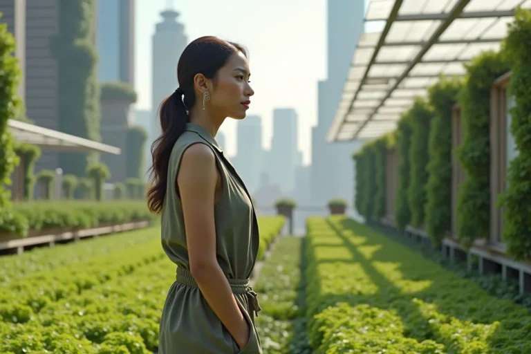 Femme sur un toit agricole urbain futuriste en 2050, entourée de tours hydroponiques et de bâtiments écologiques modulaires