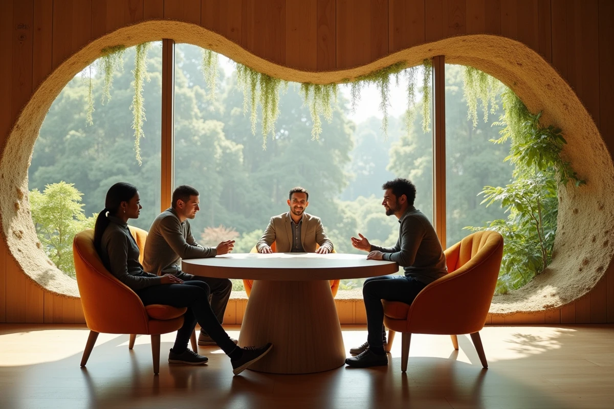 Groupe de personnes réunies dans un espace communautaire futuriste à architecture biomorphique en 2050, avec des murs en mycelium et des fenêtres panoramiques sur un quartier boisé