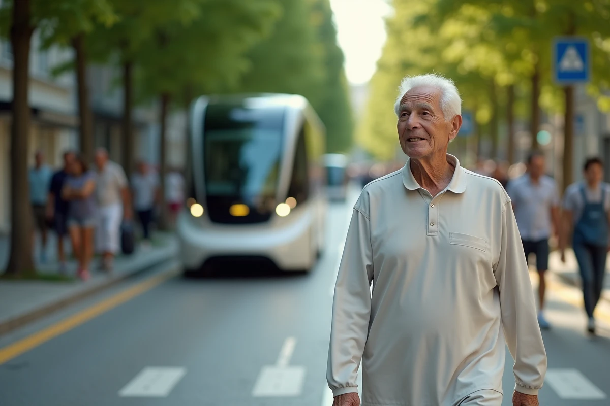 Homme âgé marchant dans un boulevard piétonnier futuriste de 2050 avec des véhicules autonomes électriques et des arbres intégrés au trottoir transparent