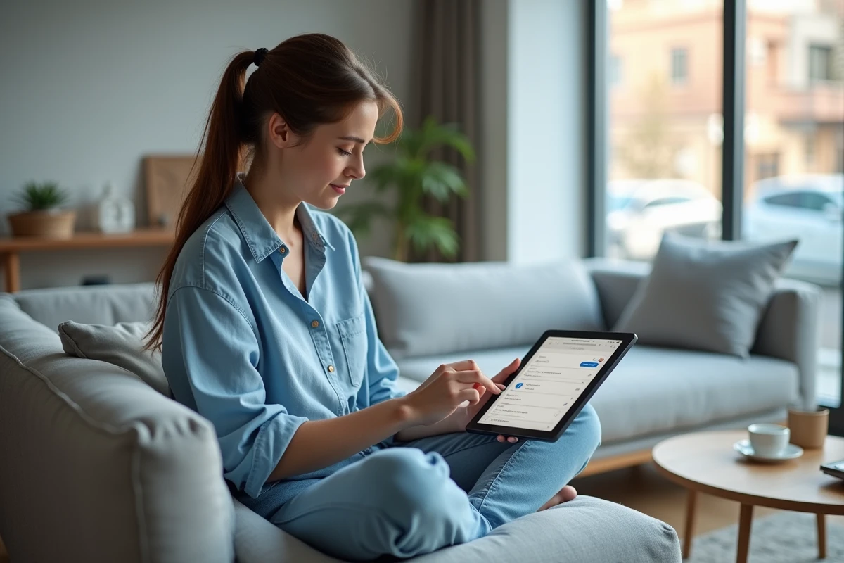 Femme utilisant une tablette pour naviguer sur des sites alternatifs de téléchargement en ligne