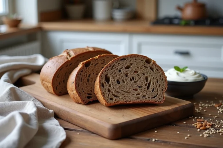 Tranches de pain nordique aux graines sur une planche en bois rustique avec skyr et graines de lin dans une cuisine scandinave