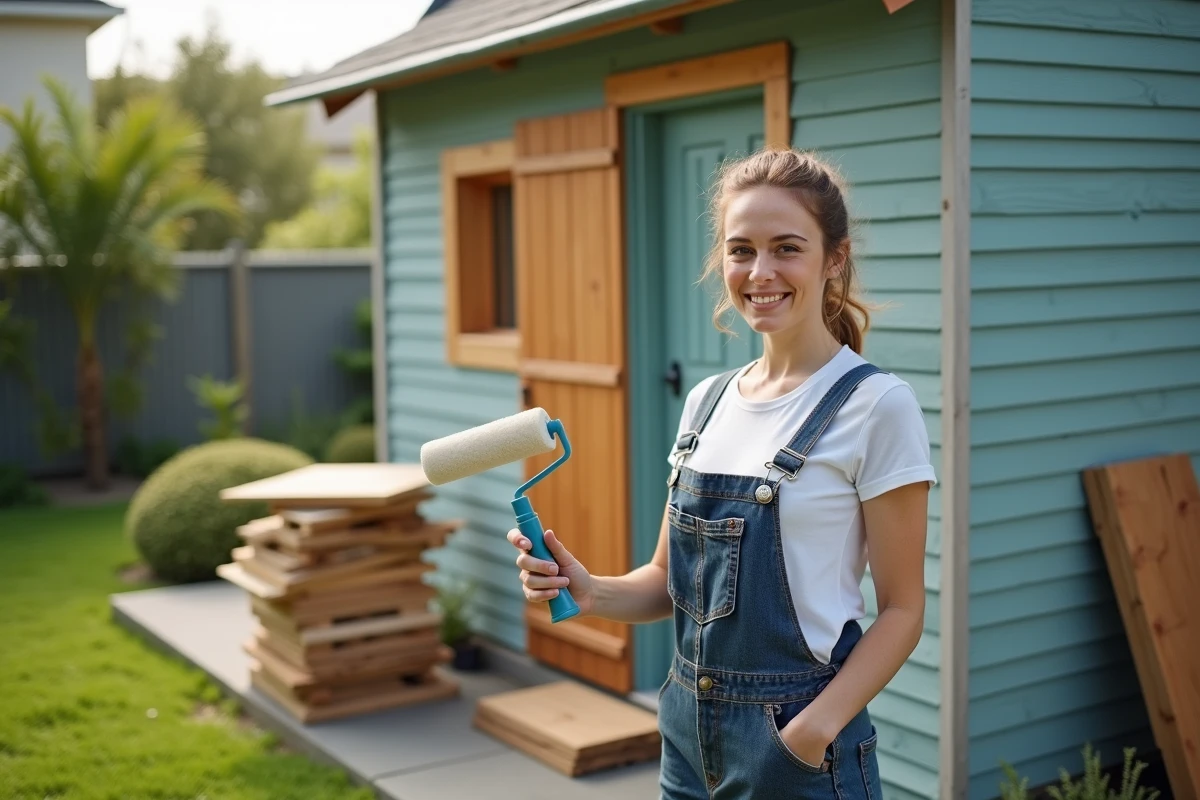 Femme peignant une cabane de jardin en extérieur