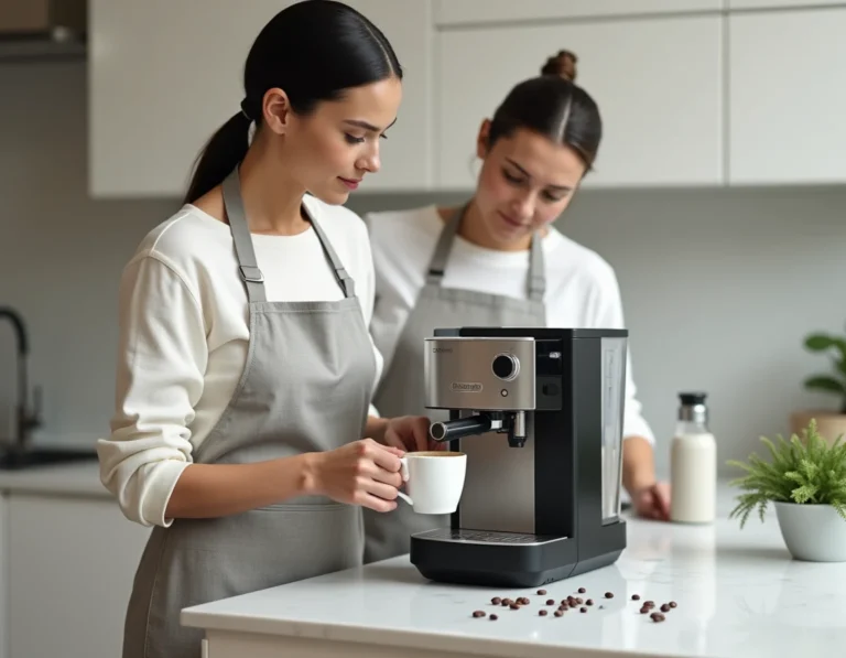 Femme préparant un cappuccino avec une DeLonghi Magnifica S dans une cuisine moderne au style scandinave