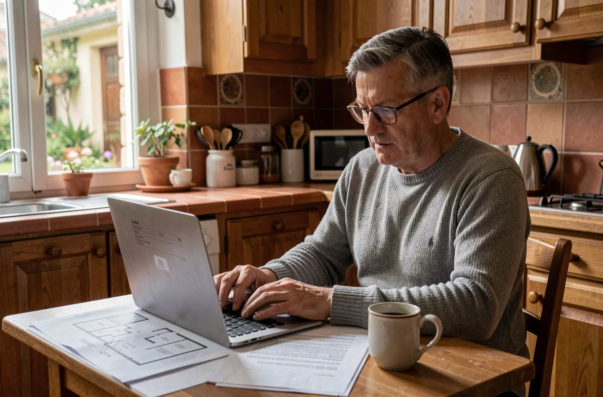 Een eigenaar bekijkt de documenten voor de verkoop van onroerend goed op zijn laptop in zijn keuken