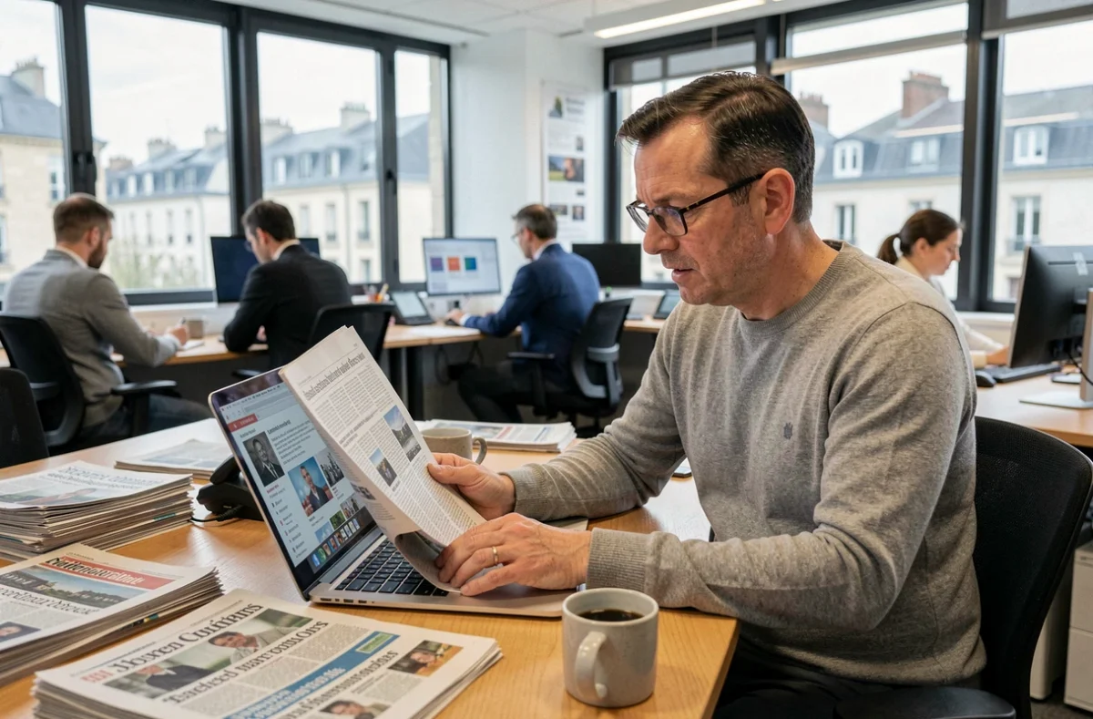Rédacteur en chef dans une salle de rédaction régionale examinant des articles et des actualités locales sur ordinateur
