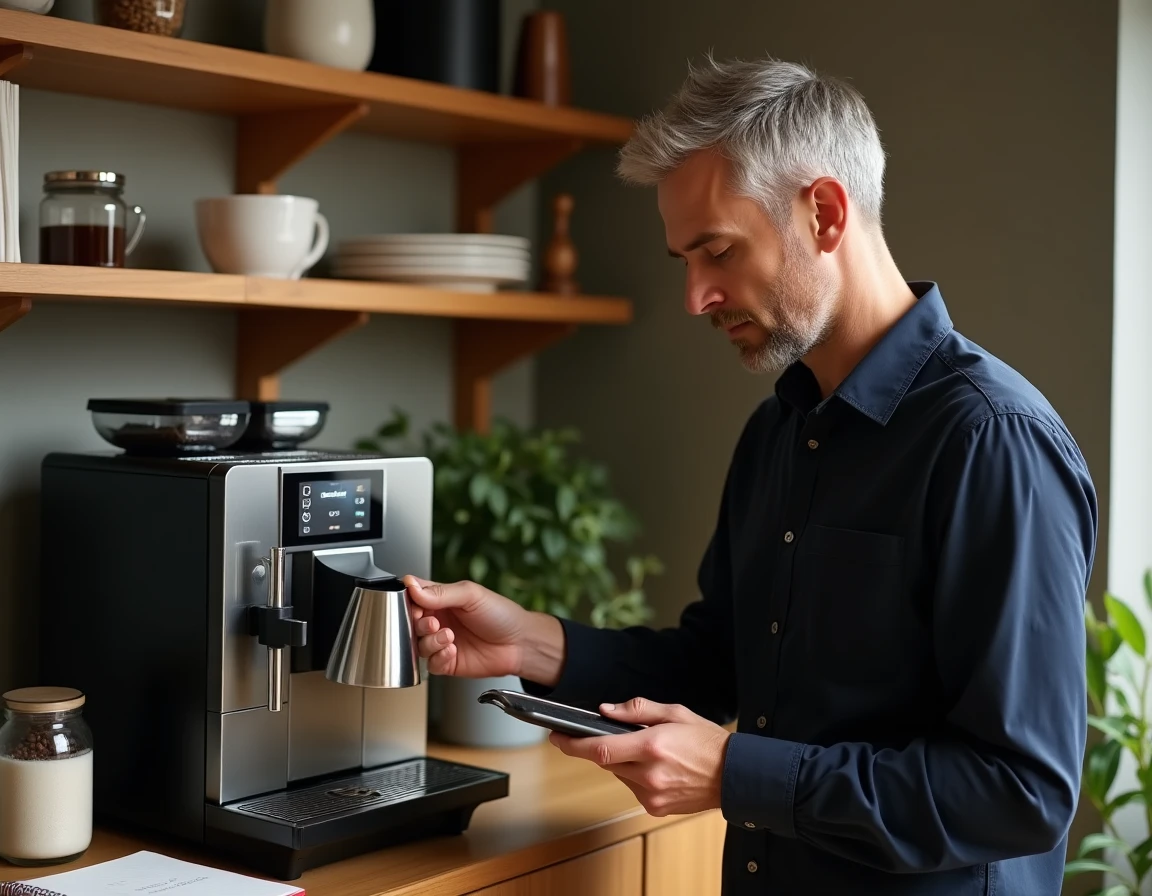 Homme consultant le panneau de contrôle de la DeLonghi Magnifica S pour préparer son cappuccino maison