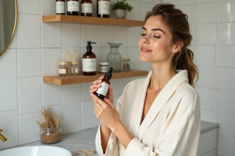 Femme appliquant un sérum bio en verre ambré dans une salle de bain naturelle avec des cosmétiques naturels soigneusement rangés