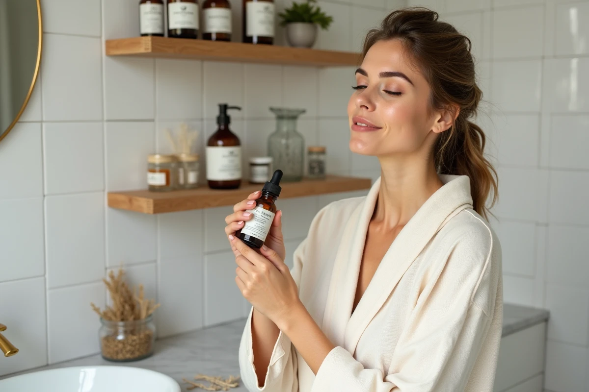 Femme appliquant un sérum bio en verre ambré dans une salle de bain naturelle avec des cosmétiques naturels soigneusement rangés