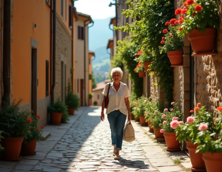 Rue pavée pittoresque de Pietra d'Alba en Italie avec des bâtiments en pierre et une femme se promenant dans le village médiéval