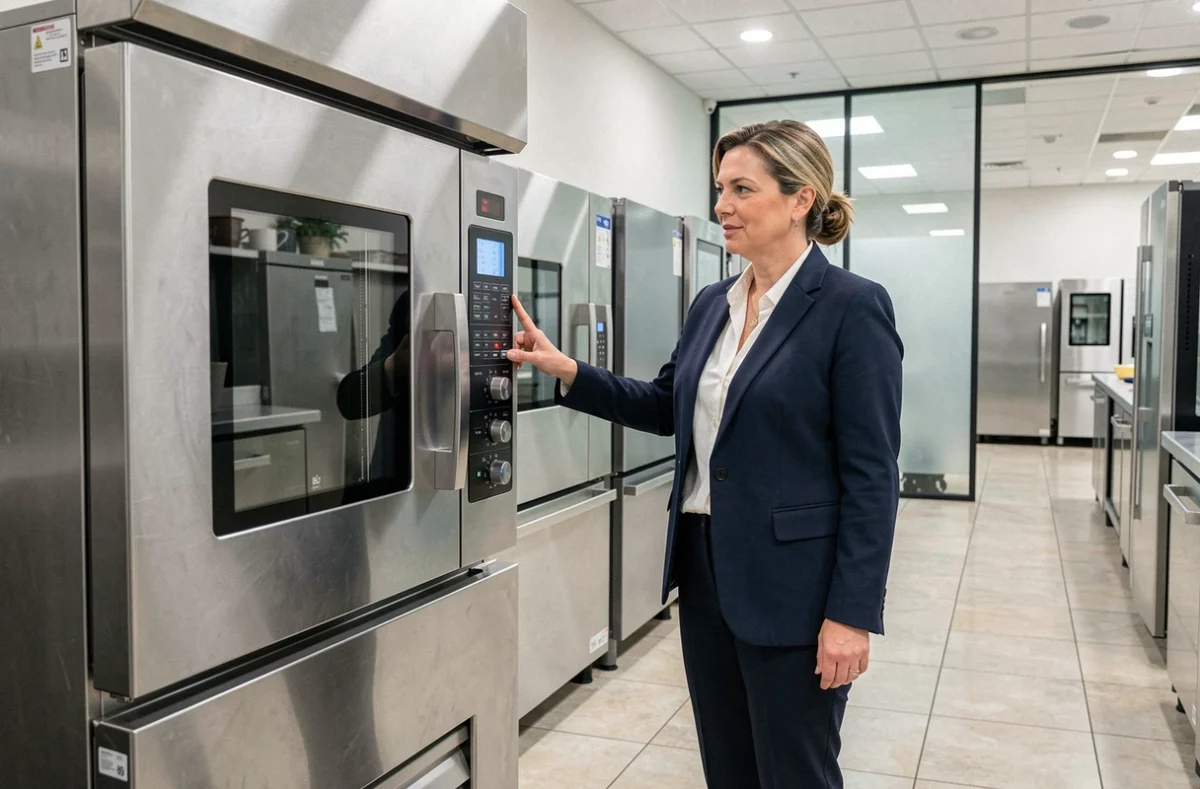 Spécialiste en équipement présentant un four à convection professionnel dans un showroom de cuisine commerciale