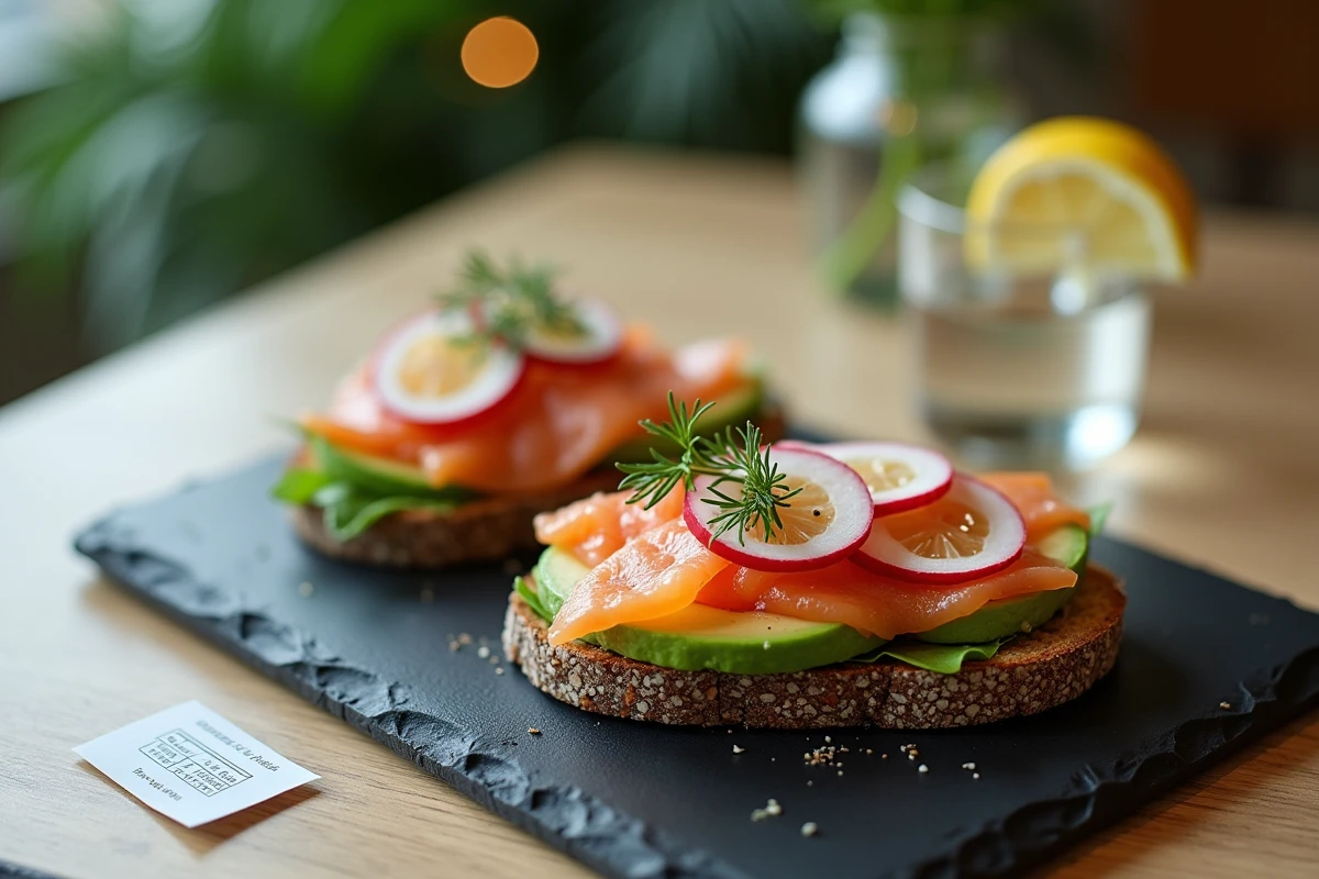 Tartine ouverte de pain nordique aux graines avec saumon fumé, avocat et radis sur ardoise dans un café scandinave santé