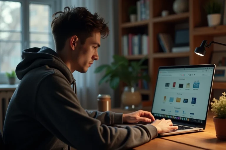 Homme jeune téléchargeant des fichiers sur son ordinateur portable dans un bureau à domicile