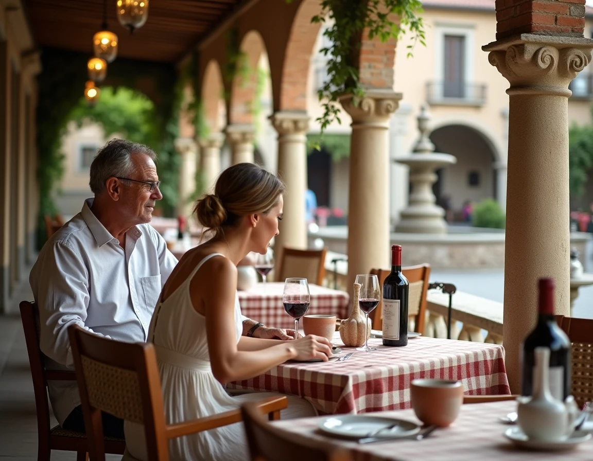 Terrasse de trattoria traditionnelle à Pietra d'Alba avec un couple dégustant un repas local dans la piazza du village