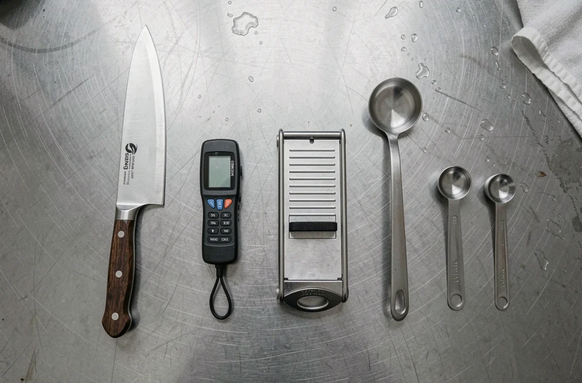 Vue aérienne d'ustensiles professionnels de cuisine disposés sur un plan de travail en acier inoxydable