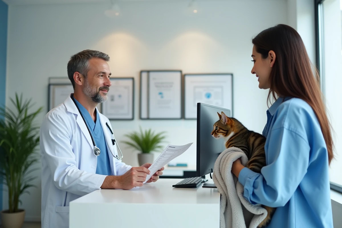 Vétérinaire remettant une facture à une propriétaire de chat dans une clinique vétérinaire moderne pour justificatifs de déduction fiscale