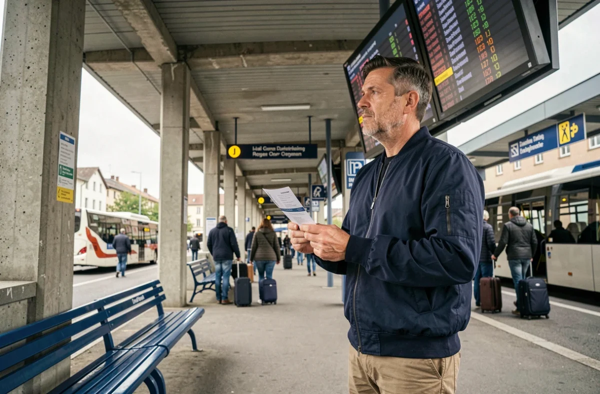 Reiziger die zijn buskaartje bekijkt op een busstation, tips voor busreizen