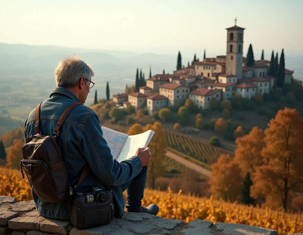 Vue panoramique de Pietra d'Alba depuis les vignobles du Piémont en automne avec un voyageur consultant une carte